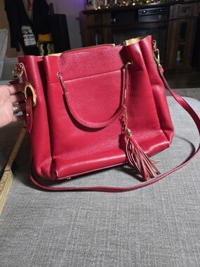 Red Pebbled Leather Tote Bag Tassel Gold Hardware Italy